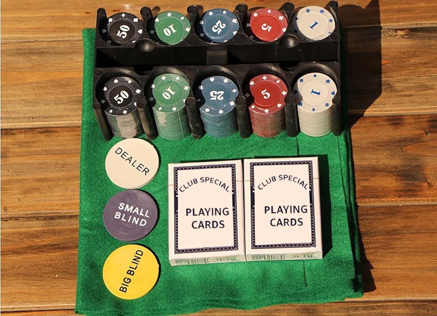 GoHooked 200-piece multicolor poker chip set with playing cards, dealer buttons, and green felt mat.