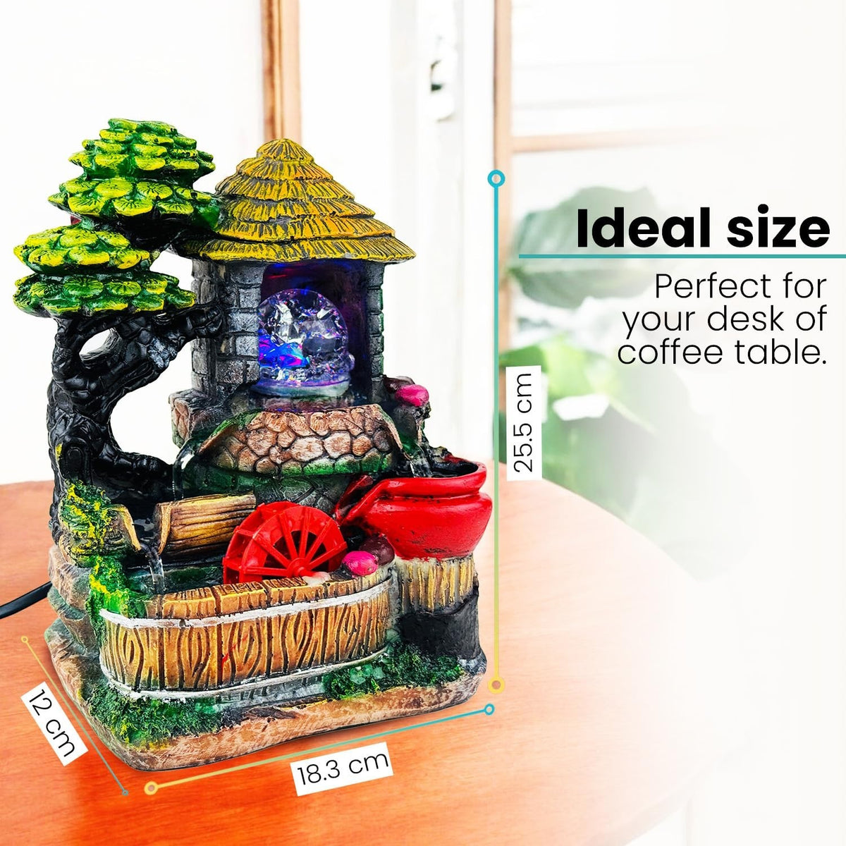 GoHooked multicolour polyresin tabletop waterfall fountain with LED lights and adjustable speed control.