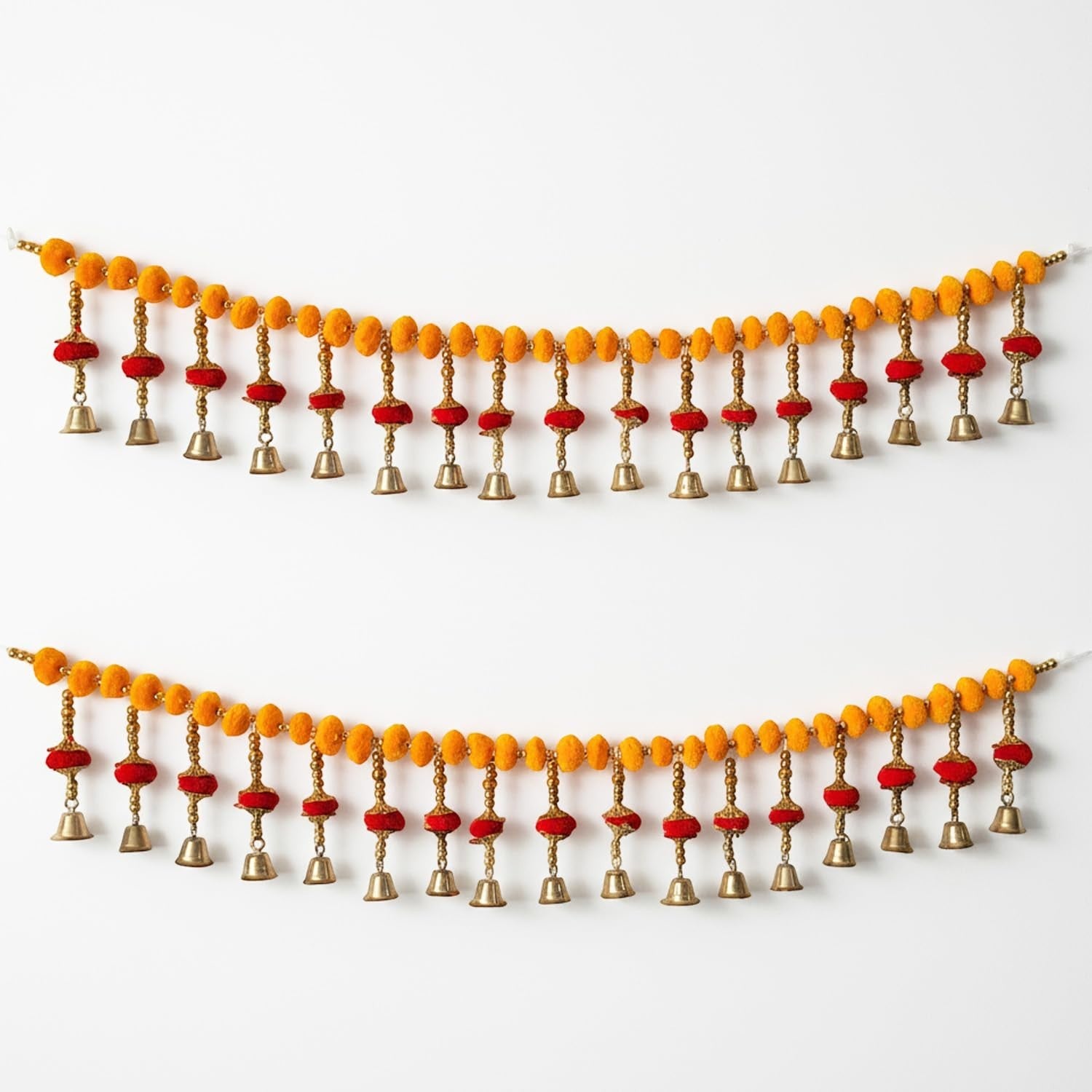 GoHooked orange and red artificial pom-pom balls toran with golden bells, 35 inch decorative garland for doors.
