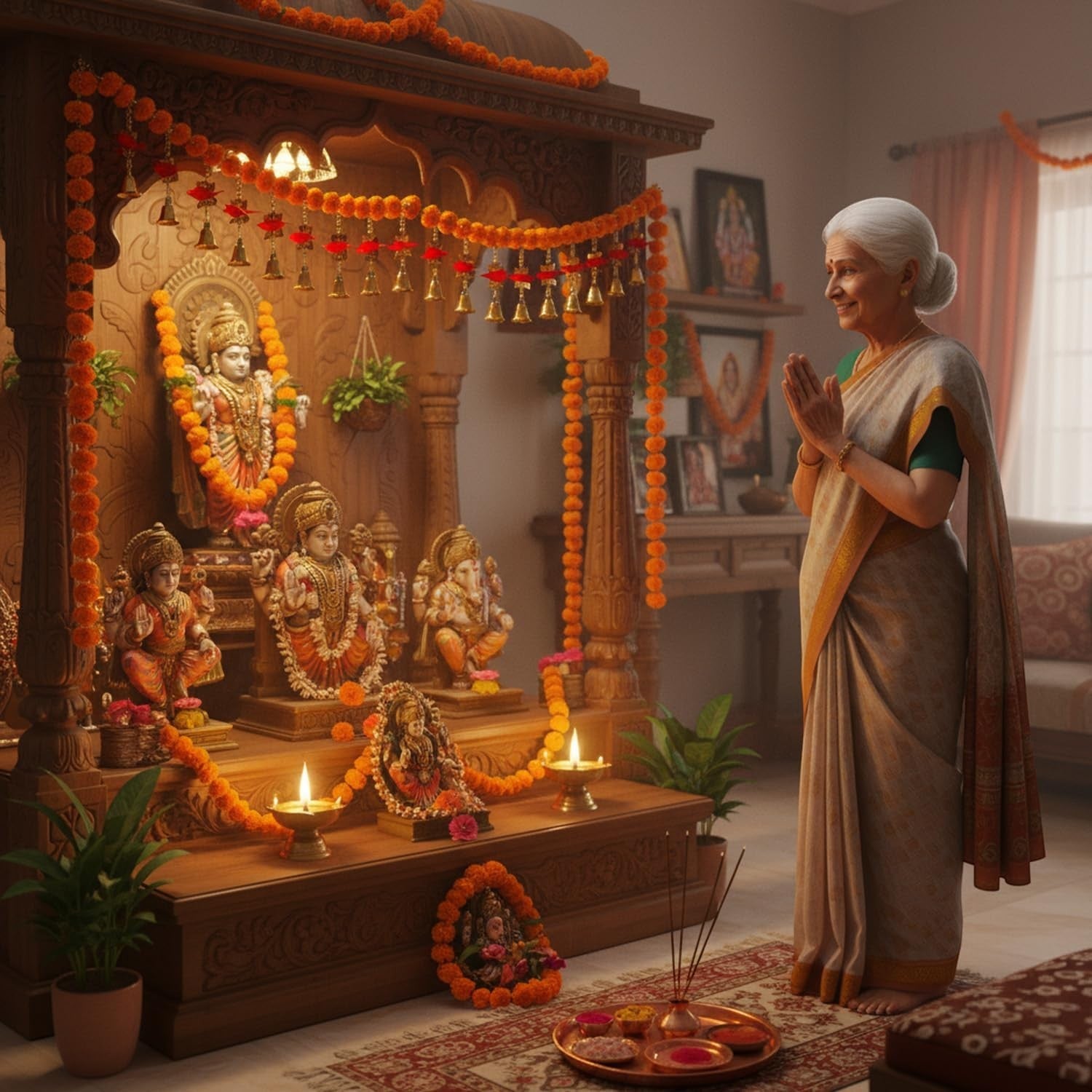 GoHooked orange and red pom-pom toran with golden bells decorates a wooden mandir with deities. An elderly woman in a sari prays.