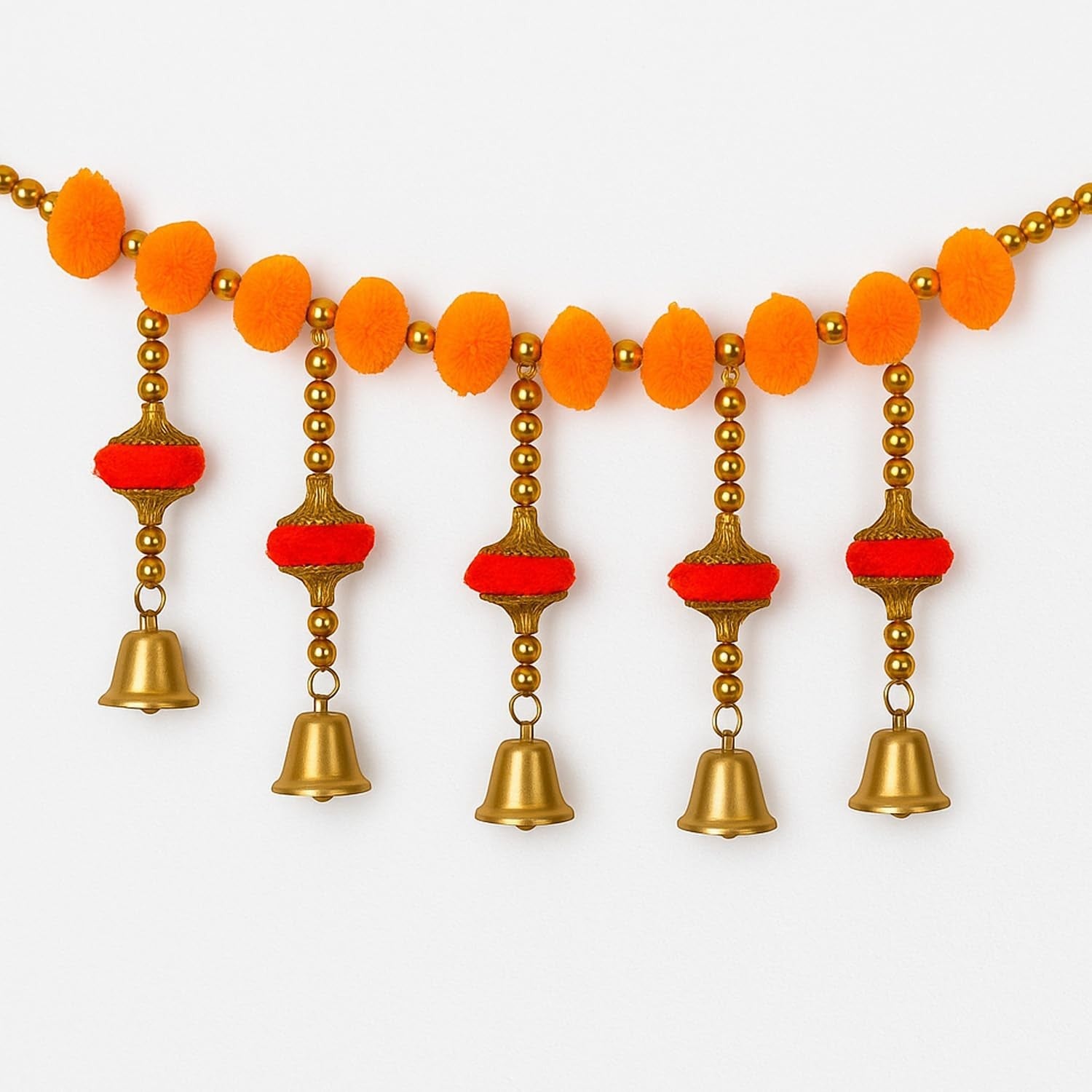 GoHooked orange and red artificial pom-pom toran with golden bells and beads, 35 inch decorative garland for festivals.