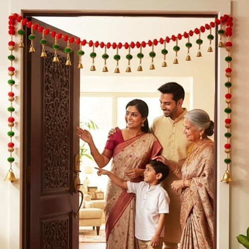 GoHooked red and green pom-pom toran with golden bells, 35 inch decorative garland for door and pooja room.