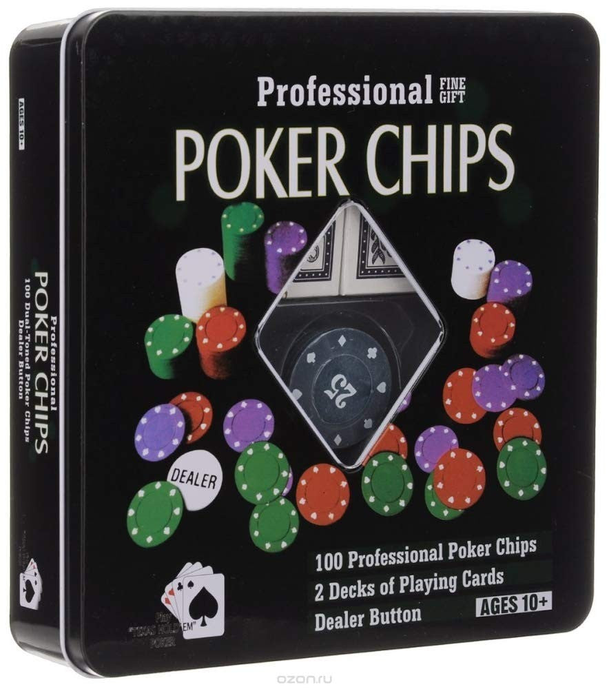 GoHooked Professional Poker Chips set with 100 dual-toned chips, 2 decks of playing cards, and a dealer button. Ages 10+.