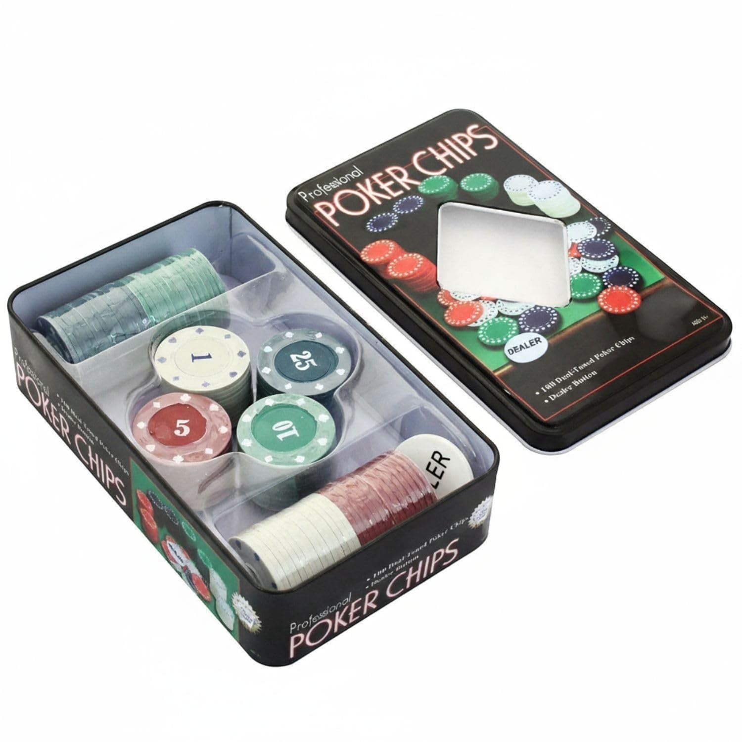 Go Hooked Professional Poker Casino Set with 100 dual-toned gaming tokens and dealer button in a metal carry case.
