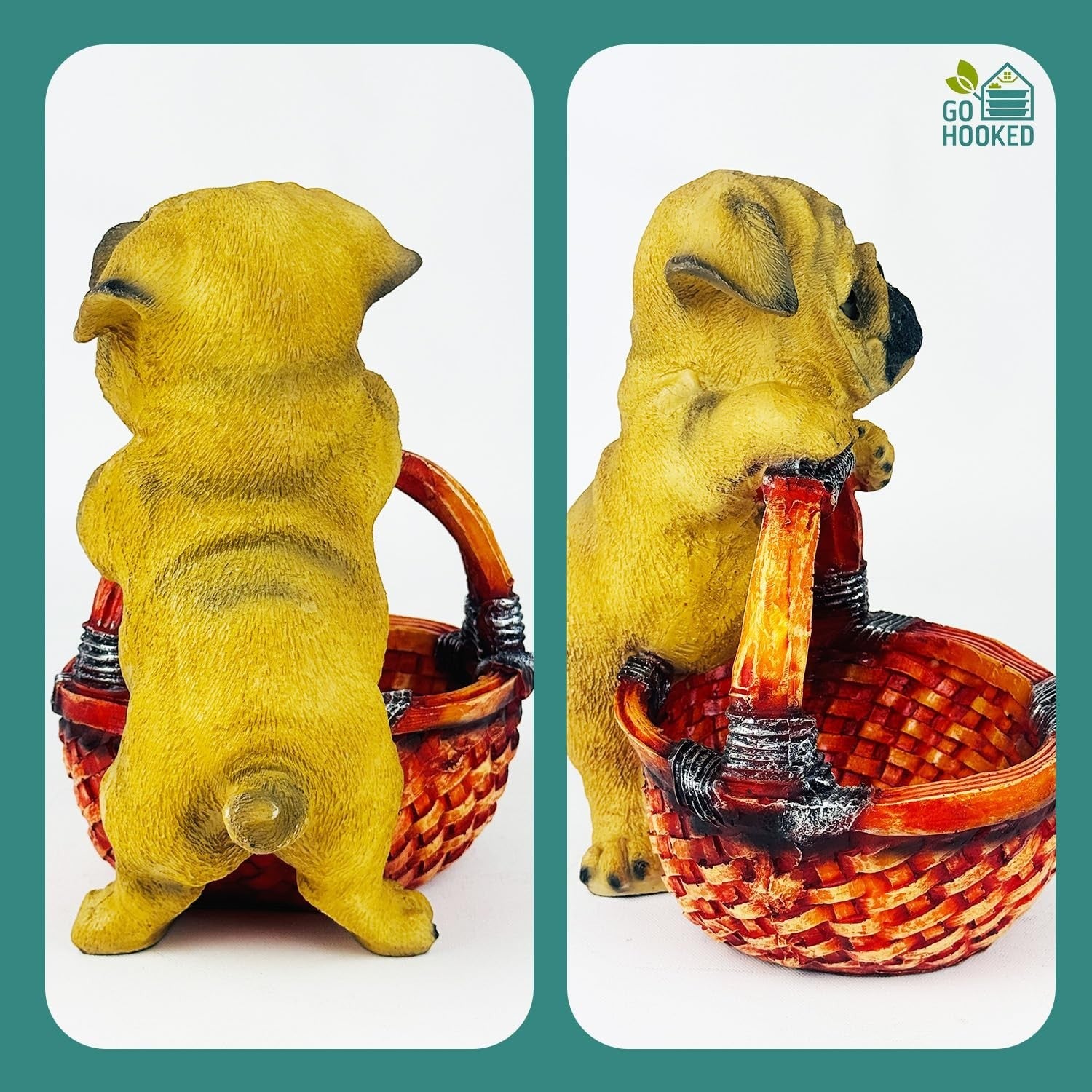 Go Hooked yellow pug dog figurine holding a red woven basket, perfect for home decor and storage.