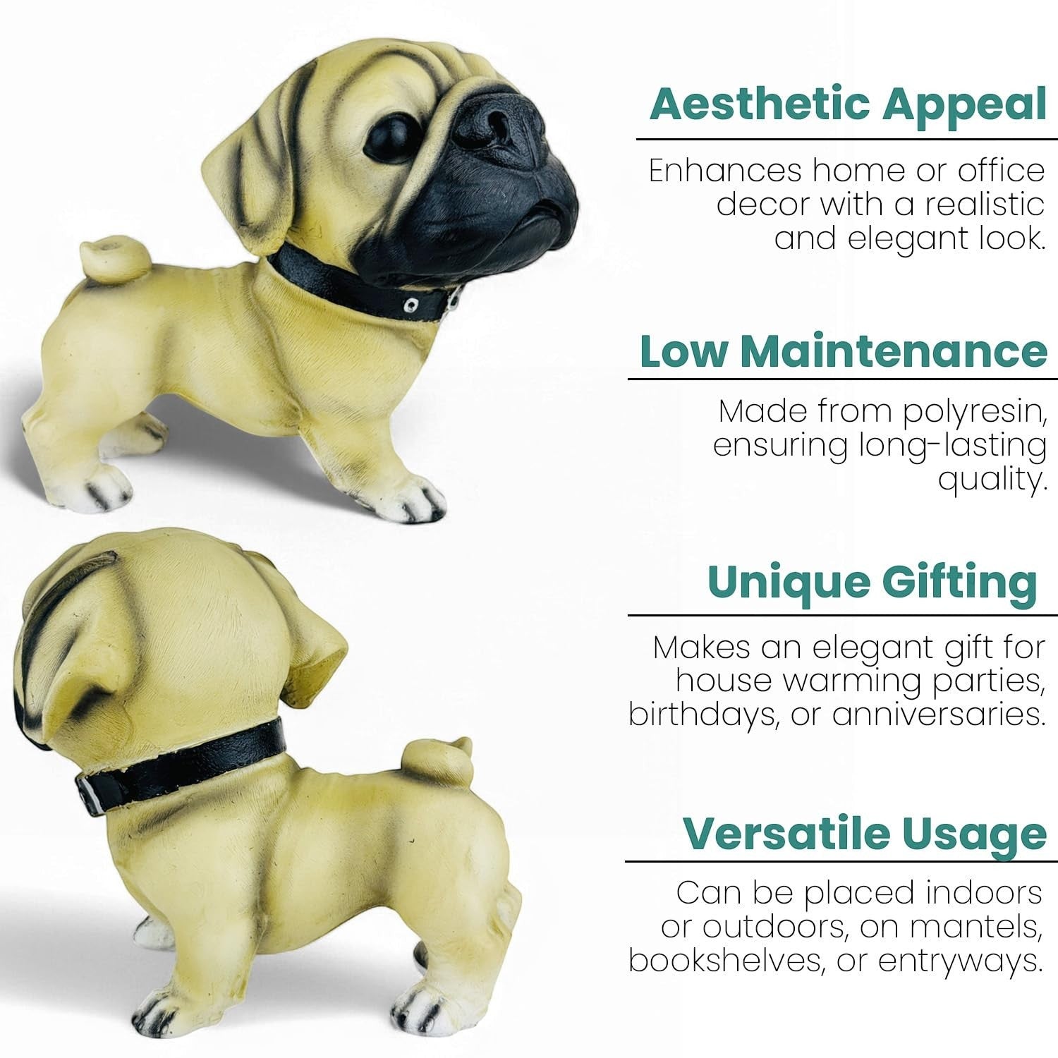 GoHooked beige polyresin pug dog figurine with black collar, realistic hand-painted details.