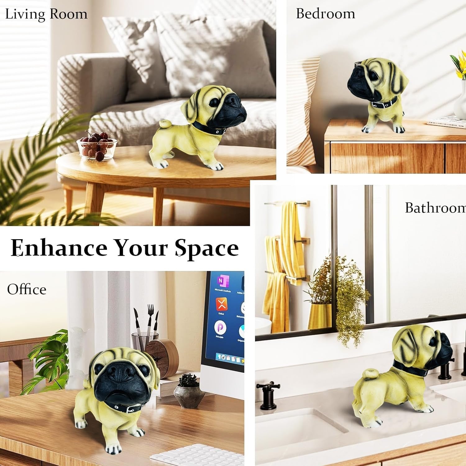 GoHooked realistic beige polyresin pug dog figurine with black collar, hand-painted details.