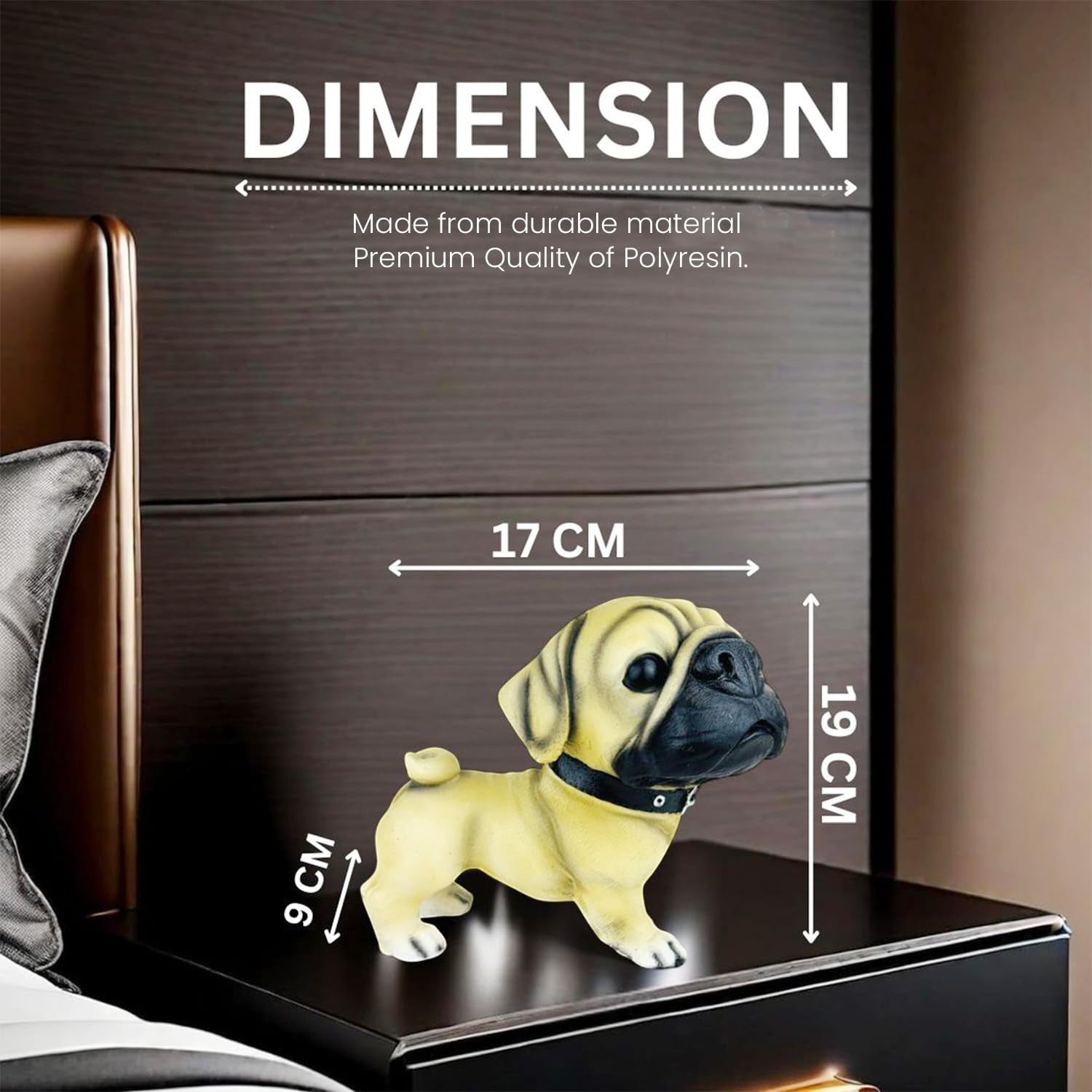 GoHooked realistic beige polyresin pug dog figurine with black collar, 19 cm tall.