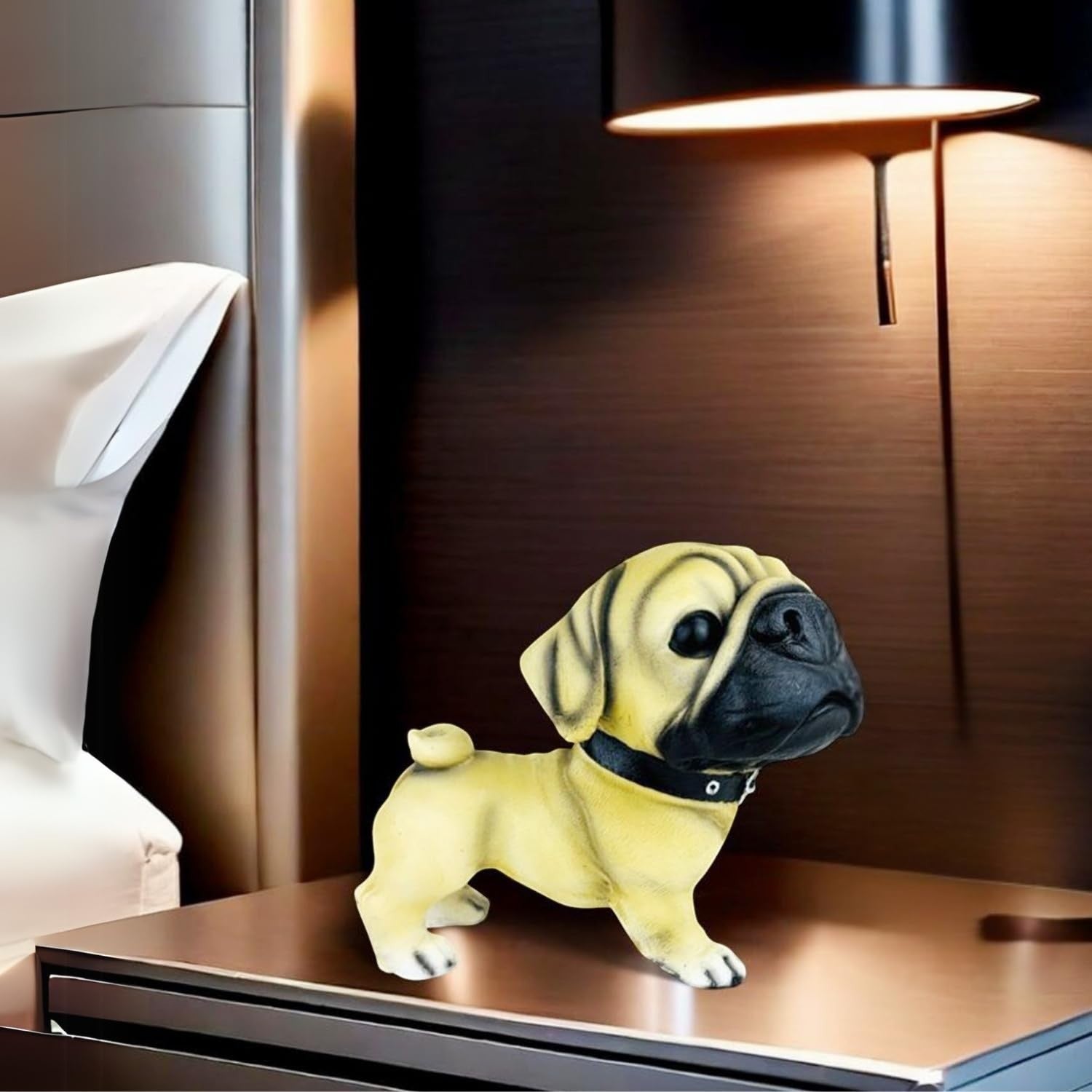 GoHooked beige polyresin pug dog figurine with black collar, realistic hand-painted details.