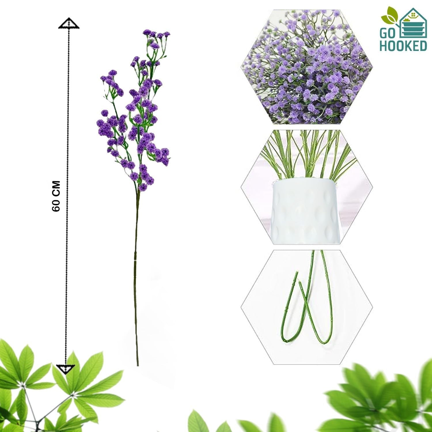 Go Hooked purple artificial baby's breath flower stem, 60cm, made of soft rubber and plastic with flexible wire.