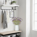 GoHooked 5pcs purple artificial baby's breath flowers with realistic rubber flower heads and plastic stems in a white vase.