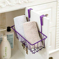 GoHooked purple metal over-the-door basket holding two rolled towels, ideal for kitchen or bathroom storage.
