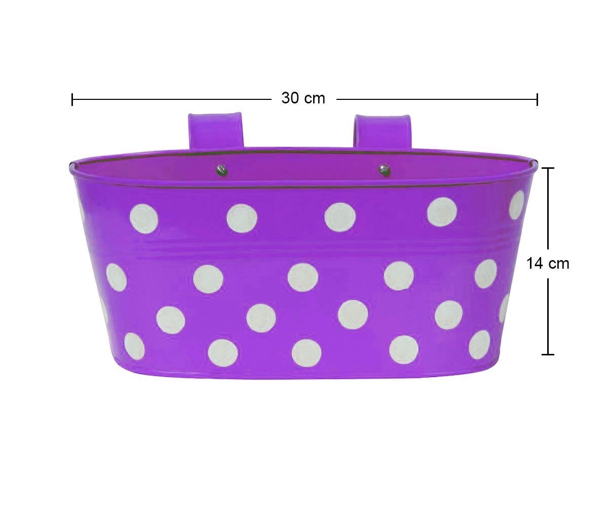 GoHooked purple metal hanging planter with white polka dots, 12-inch oval shape, ideal for decks and patios.