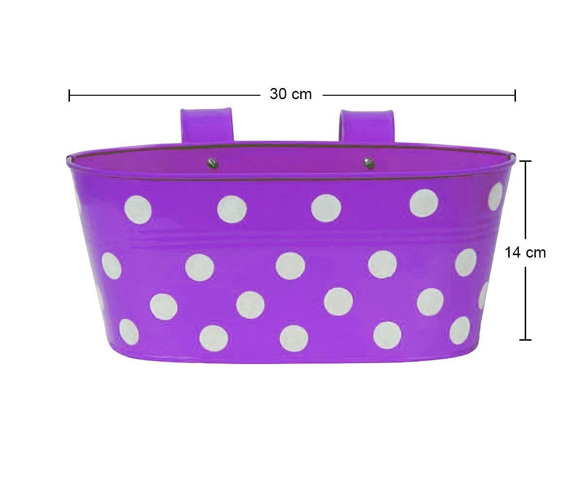 Go Hooked purple metal railing planter with white polka dots, 12-inch, heavy duty, weatherproof