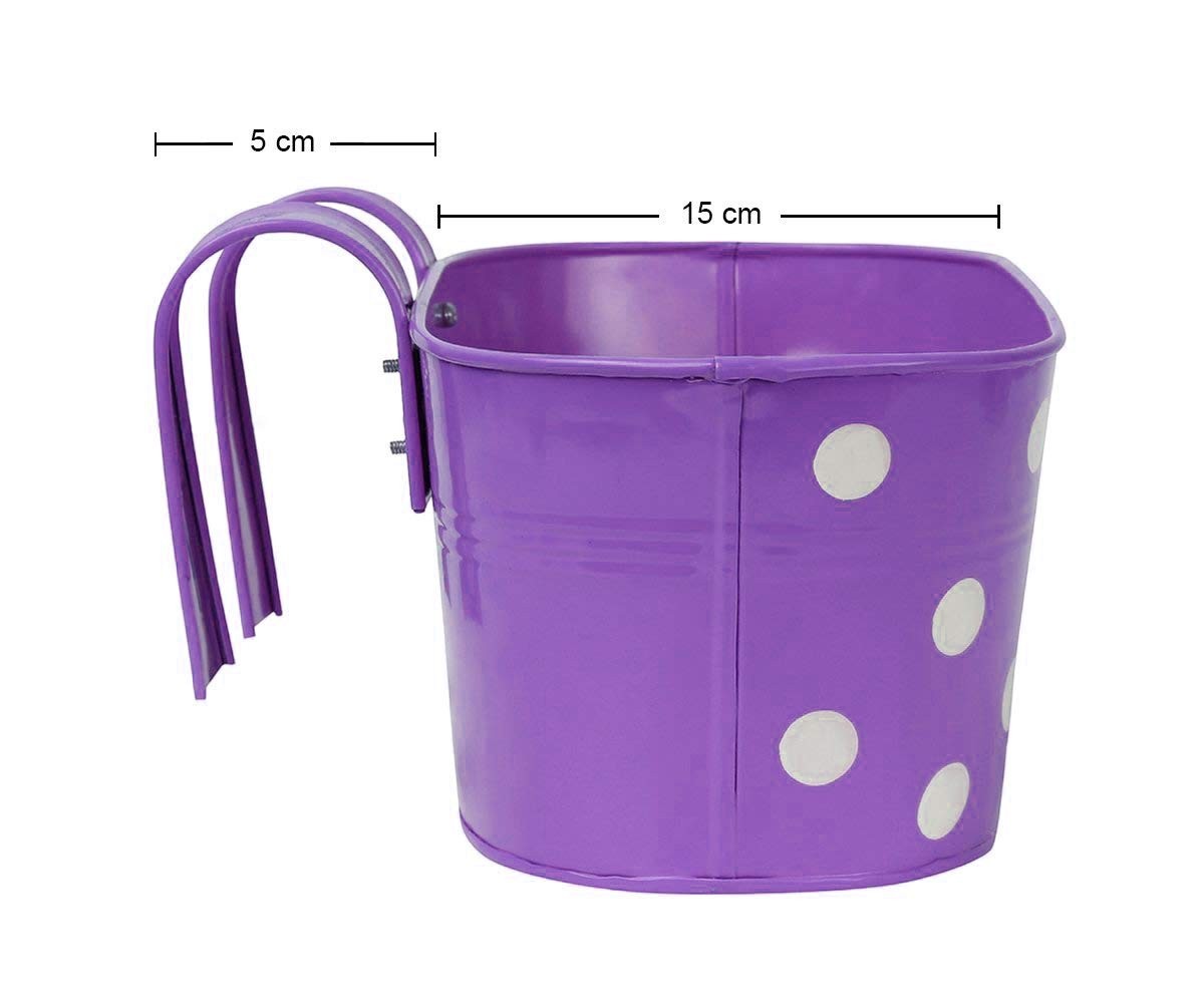 GoHooked purple metal hanging planter with white polka dots, 12 inch oval shape, ideal for balconies and patios.