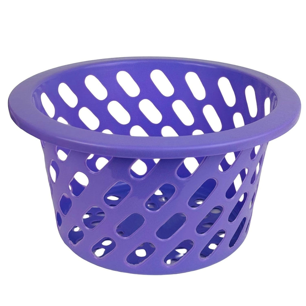 GoHooked purple plastic storage basket with diamond-shaped perforations and a wide rim. Ideal for kitchen or home organization.
