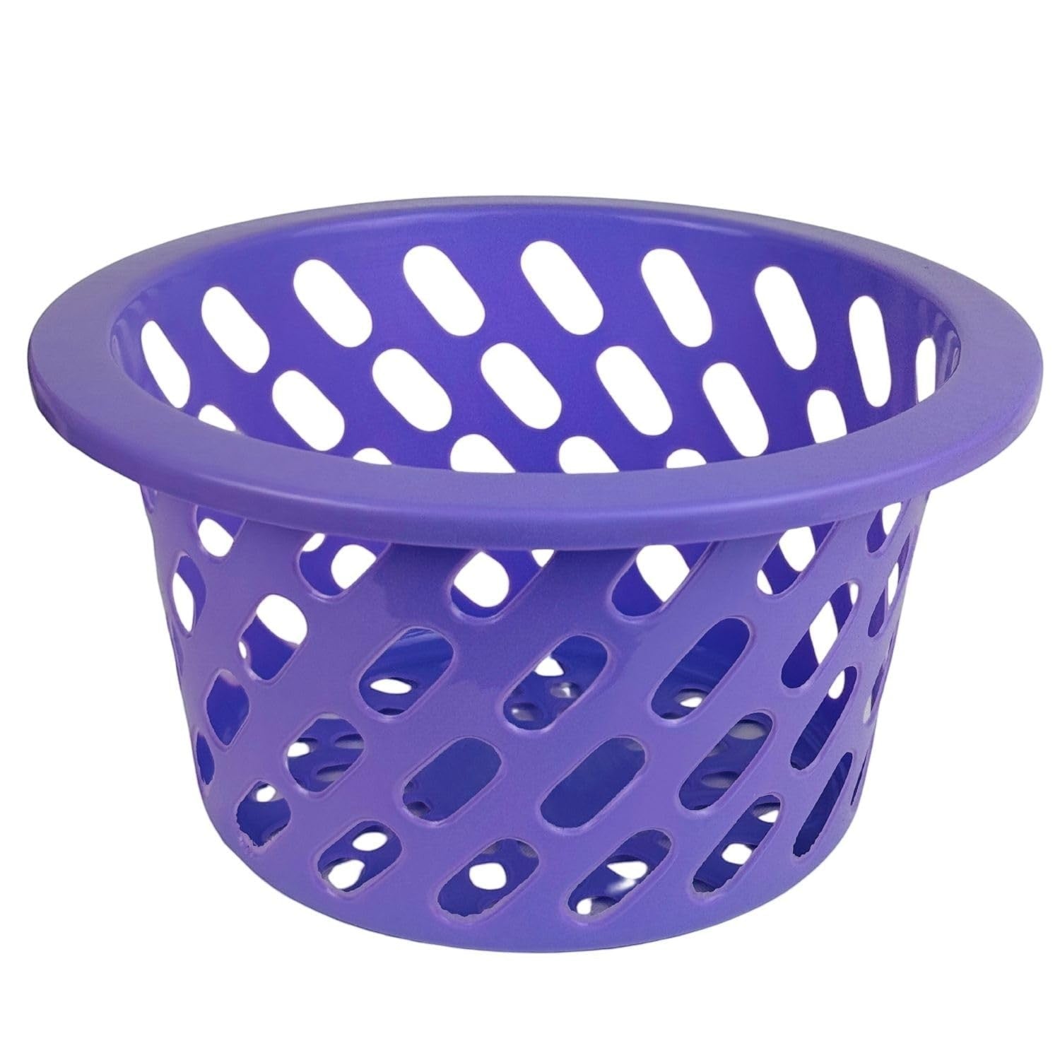 GoHooked purple plastic storage basket with diamond-shaped perforations and a wide rim. Ideal for kitchen or home organization.