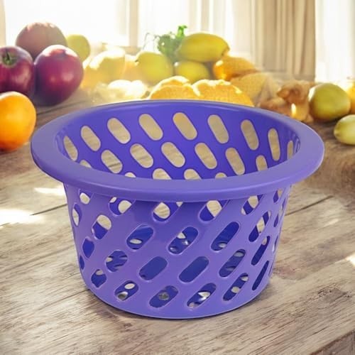 Go Hooked purple plastic storage basket with diamond-shaped cutouts and a wide rim. Ideal for kitchen or pantry organization.
