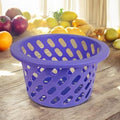 Go Hooked purple plastic storage basket with diamond-shaped cutouts and a wide rim. Ideal for kitchen or pantry organization.