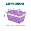 Go Hooked purple plastic storage basket with zip net cover, 35cm x 20cm x 13cm dimensions.