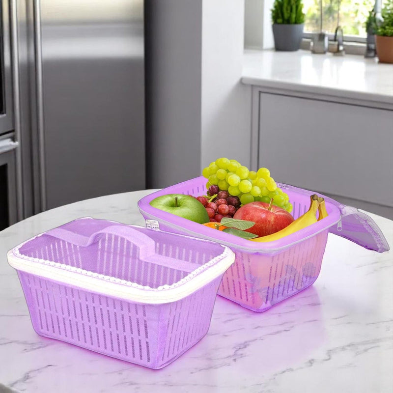 Go Hooked purple plastic storage basket with zip net cover, filled with apples, grapes, and bananas.