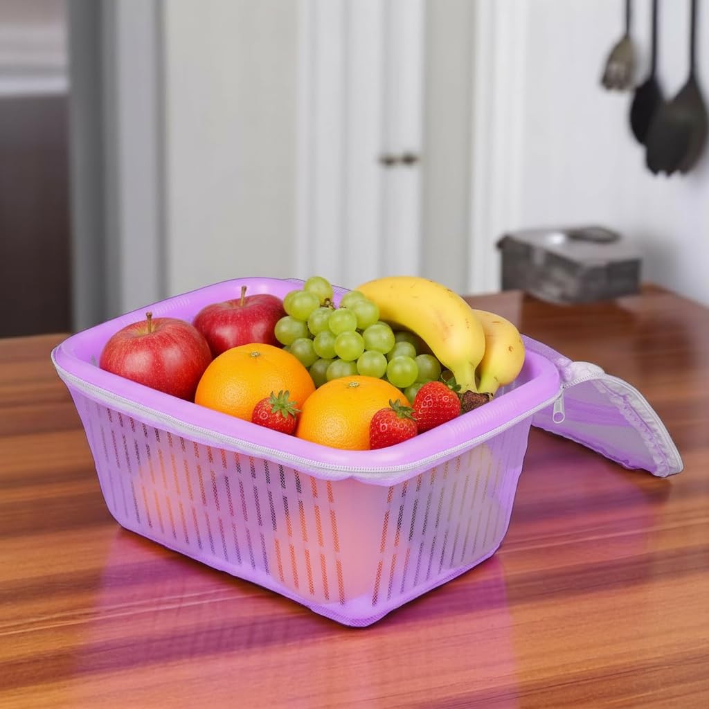 GoHooked purple plastic storage basket with zip net cover filled with apples, oranges, grapes, bananas, and strawberries.