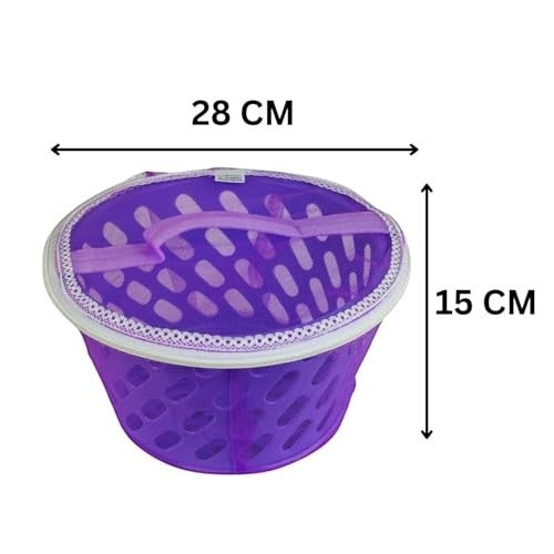 Go Hooked purple plastic storage basket with net zip cover, 28x15 cm, breathable and insect-proof for kitchen or home.