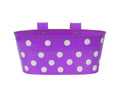GoHooked purple metal hanging planter with white polka dots, 12 inch oval shape, for railings and patios.