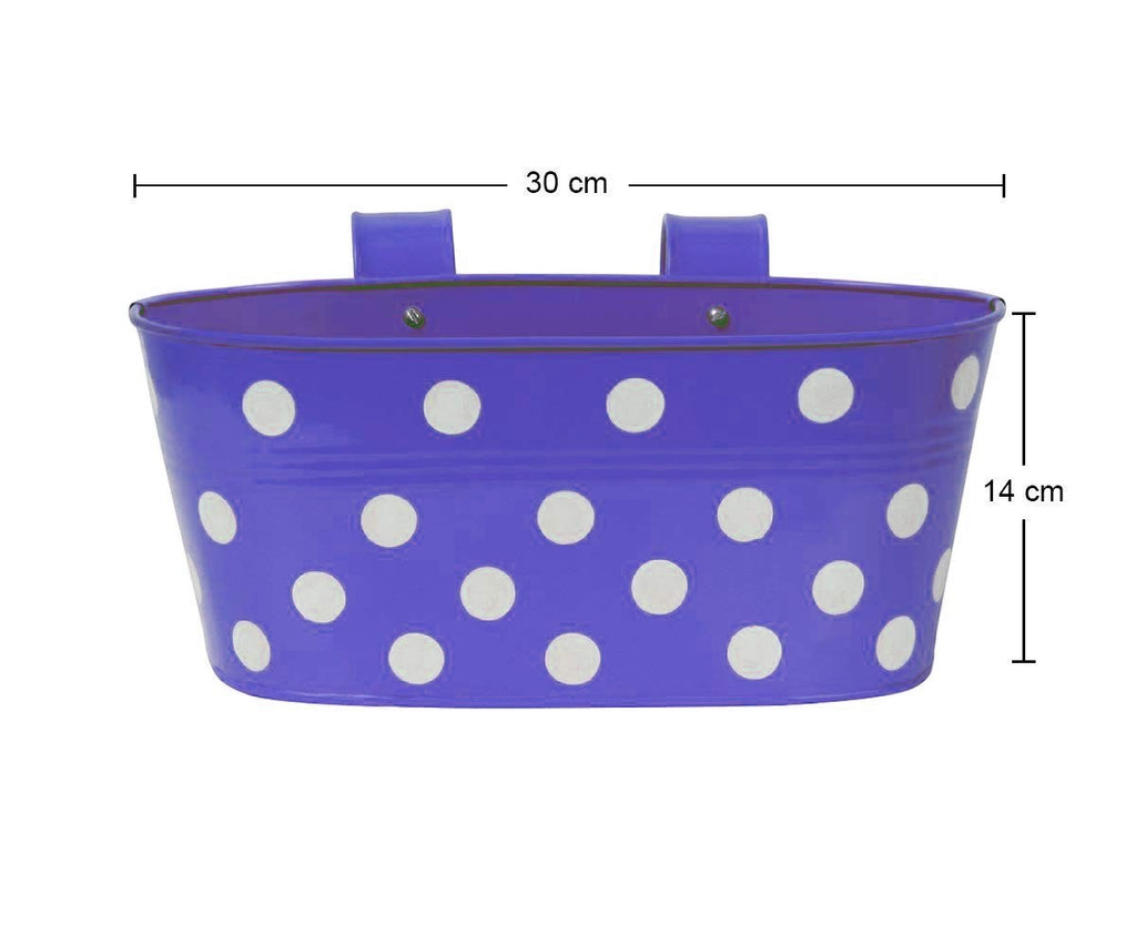 GoHooked 12-inch oval metal railing planter in purple with white polka dots, featuring detachable hooks for balconies and fences.