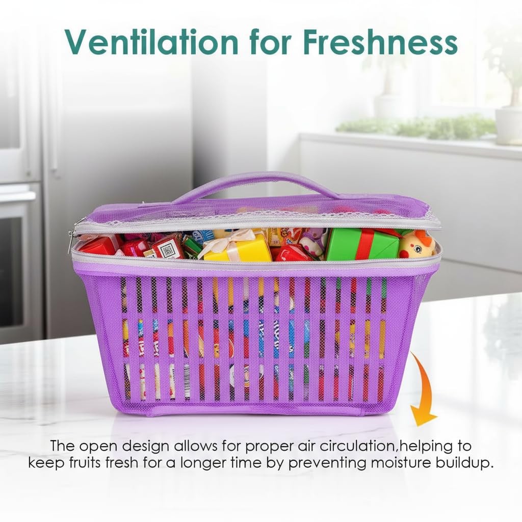 GoHooked purple plastic storage basket with zip net cover, ideal for fruits, vegetables, or gifts.