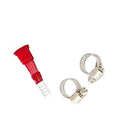 GoHooked red and clear PVC hose connector with two metal hose clamps.