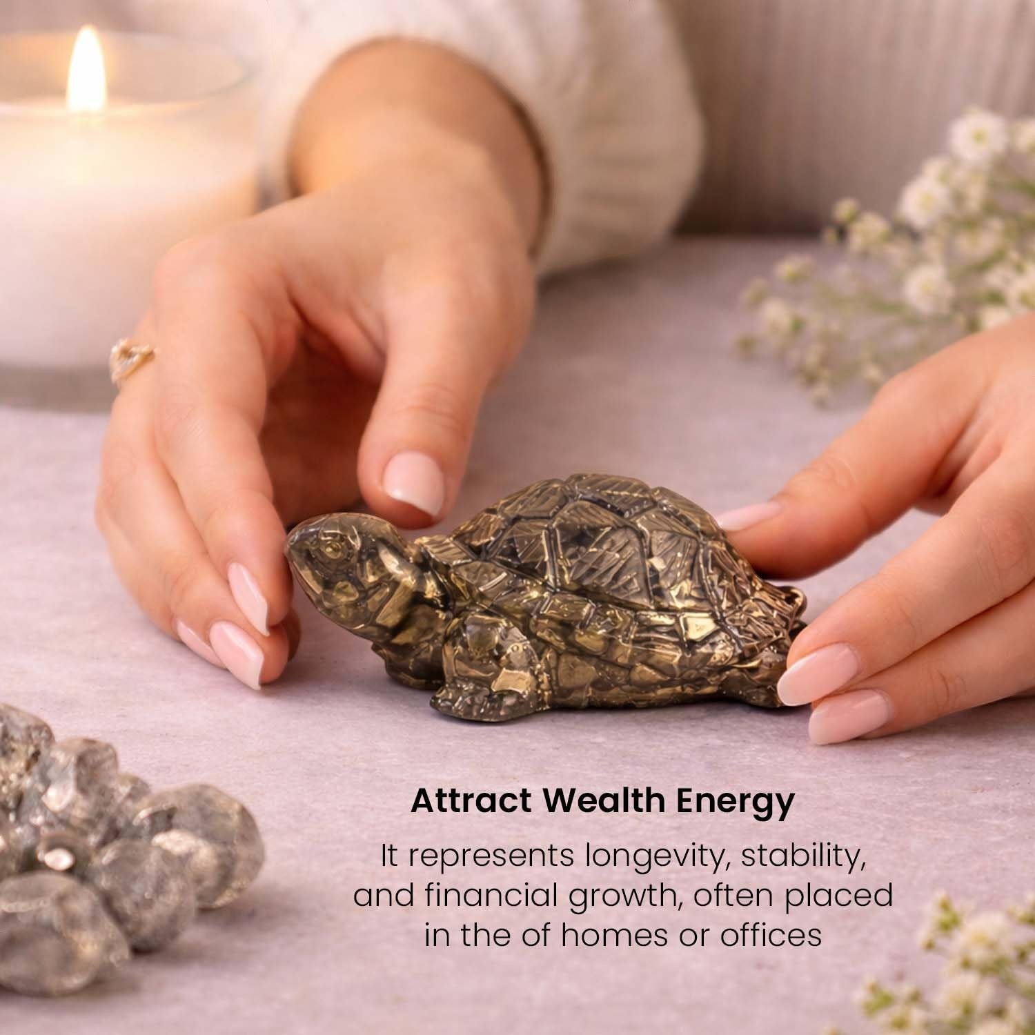 GoHooked metallic grey pyrite crystal tortoise statue for wealth and success. Detailed shell design.