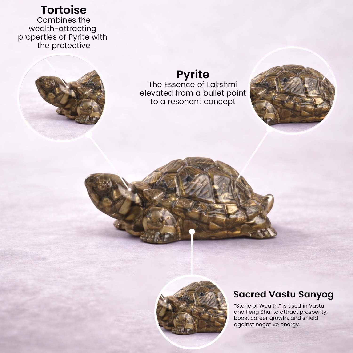 GoHooked metallic grey pyrite crystal tortoise statue for wealth and success, Feng Shui and Vastu decor.