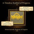 GoHooked brown wooden framed wall decor with 7 golden running horses and a sun motif, made with pyrite stone dust.