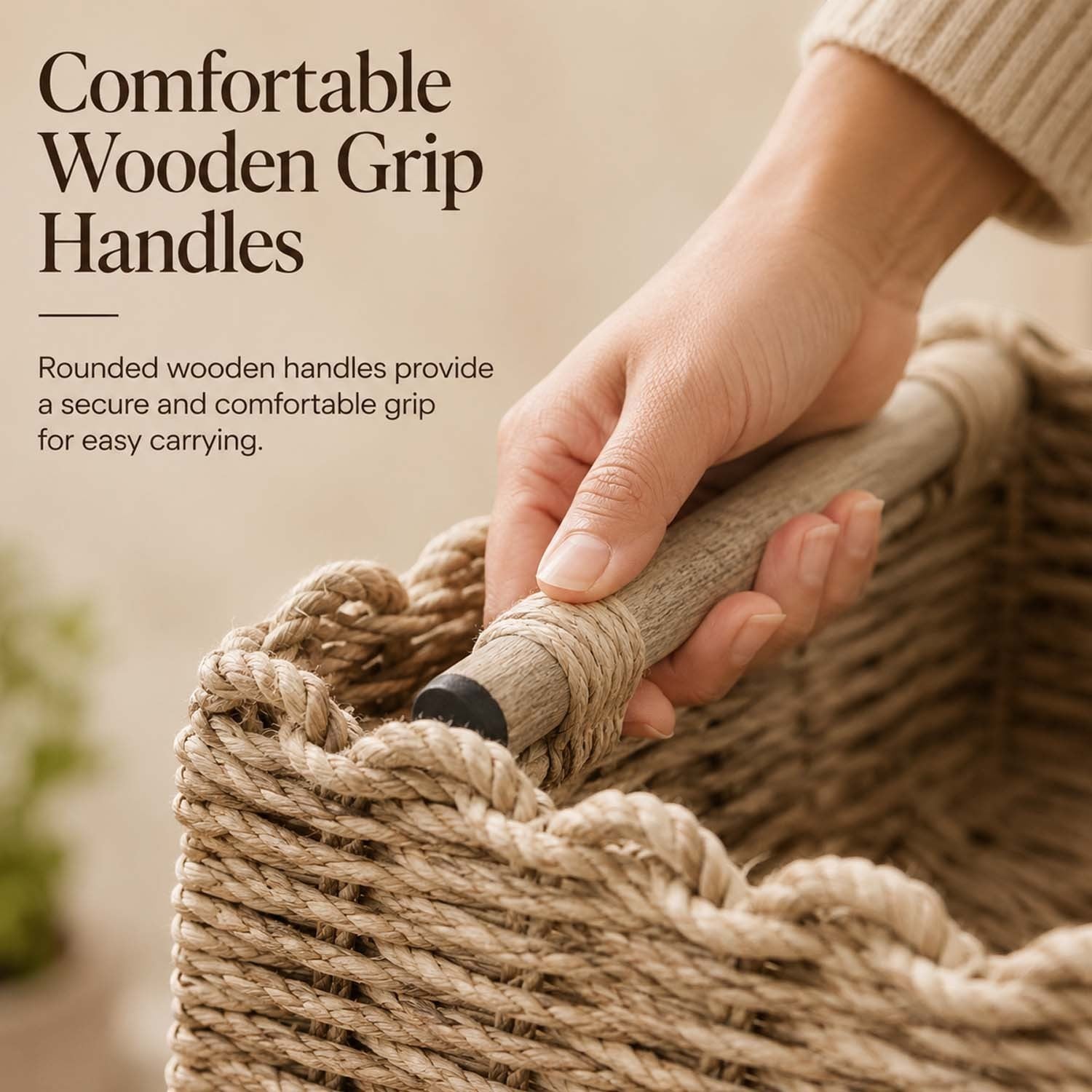 A hand holding the wooden handle of a GoHooked handcrafted raffia woven storage basket with a sturdy metal frame.