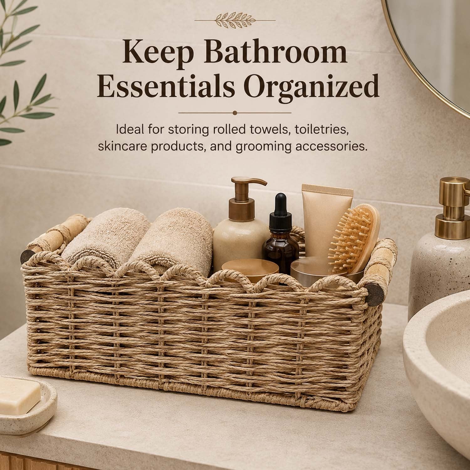 GoHooked handmade raffia storage basket with wooden handles holding towels and toiletries on a bathroom vanity counter.
