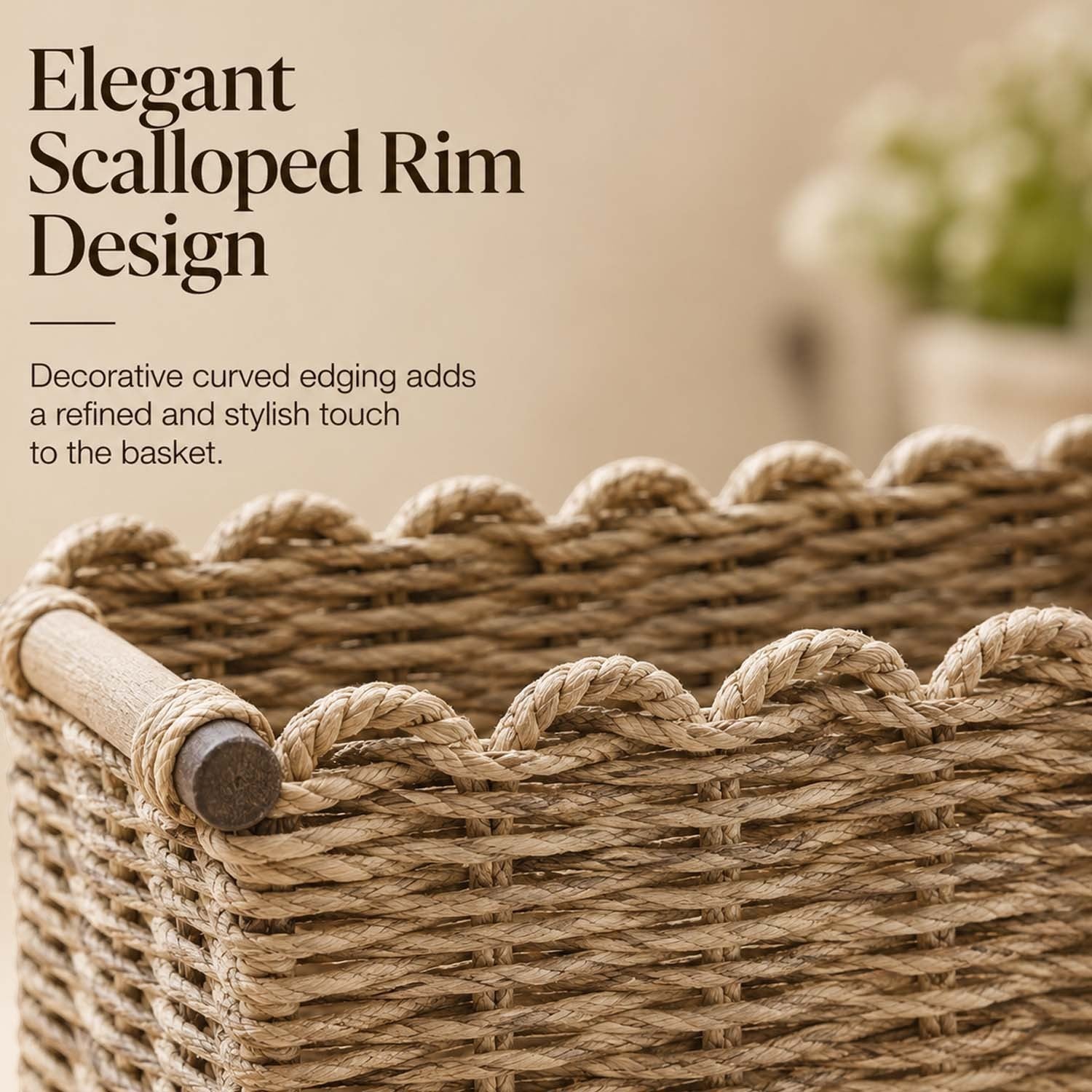 GoHooked handmade raffia storage basket with a decorative scalloped rim and sturdy wooden handles for home organization.