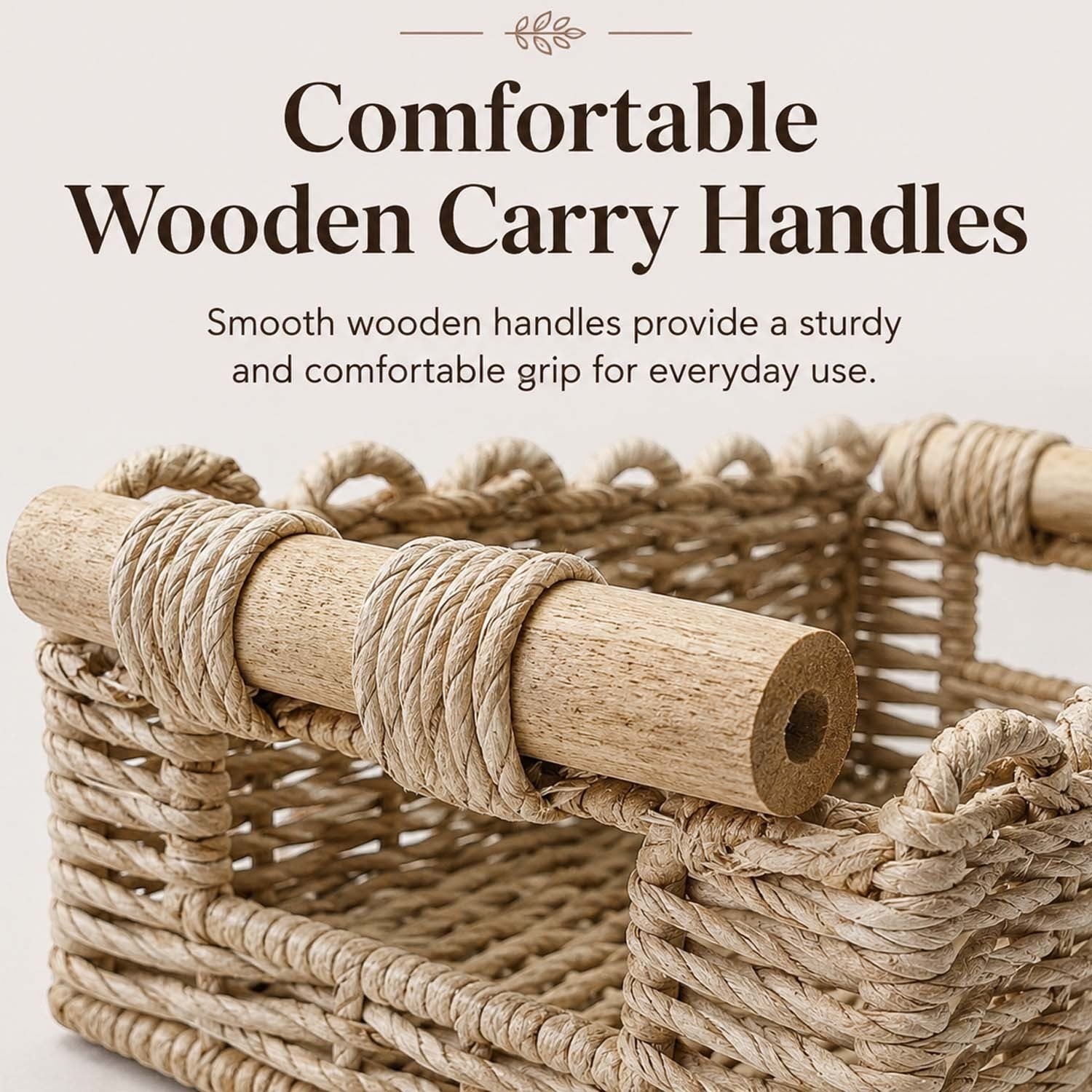 GoHooked handmade raffia storage basket featuring smooth wooden carry handles and a sturdy woven texture