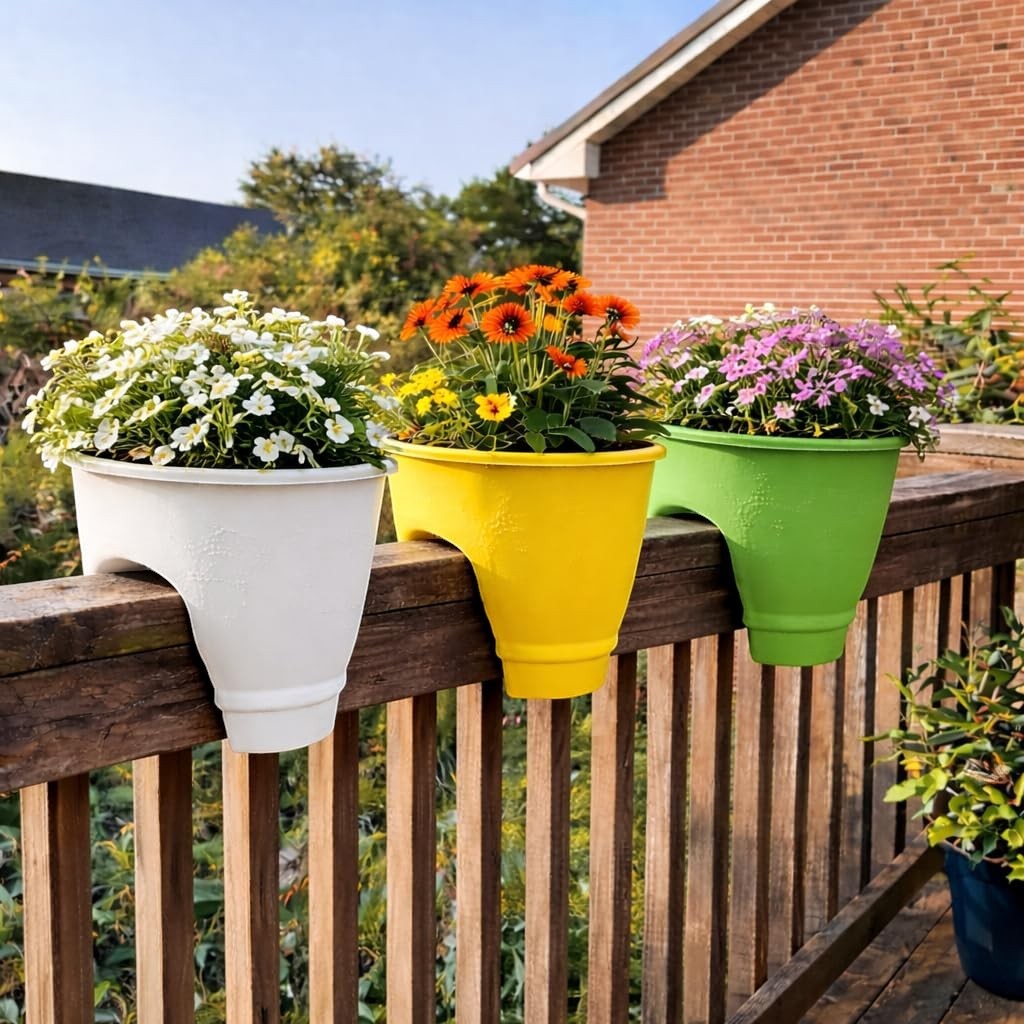 GoHooked white, yellow, and green 12-inch plastic railing planters filled with flowers, set of 2.
