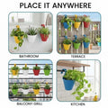 GoHooked multicolor plastic railing planters, 12 inches, pack of 3. Ideal for balconies, terraces, bathrooms, and kitchens.