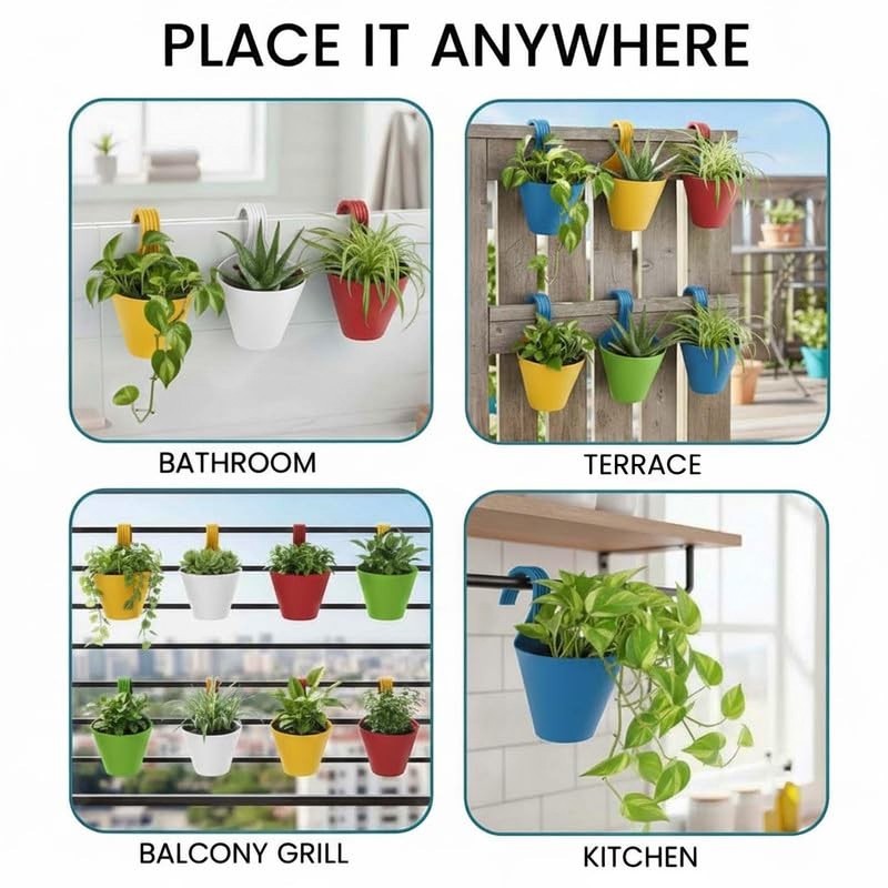 GoHooked multicolor plastic railing planters, 12 inches, pack of 3. Ideal for balconies, terraces, bathrooms, and kitchens.