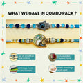 GoHooked multicolor designer rakhis with evil eye and Krishna charms, pearl beads, and blue threads. Includes roli chawal vials.