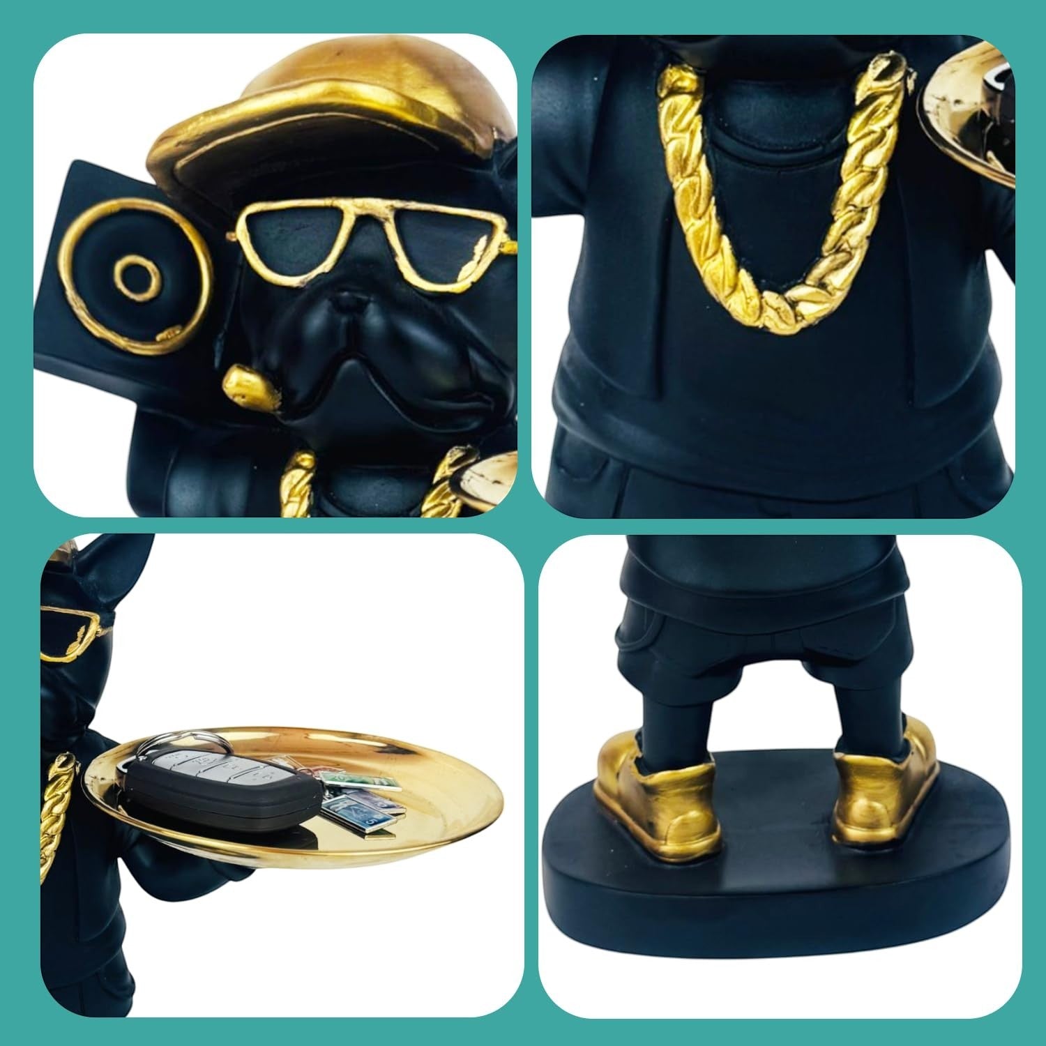 Go Hooked black polyresin rapper bulldog statue with gold accents holding a tray for keys and small items.