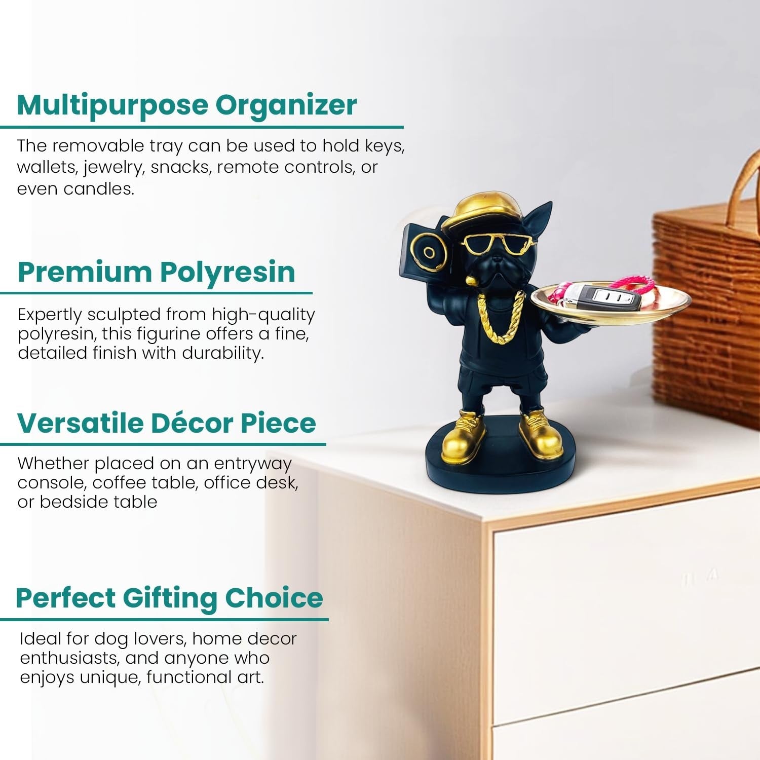 GoHooked black polyresin rapper bulldog figurine holding a gold tray with keys and a pink lanyard. Features gold accents.