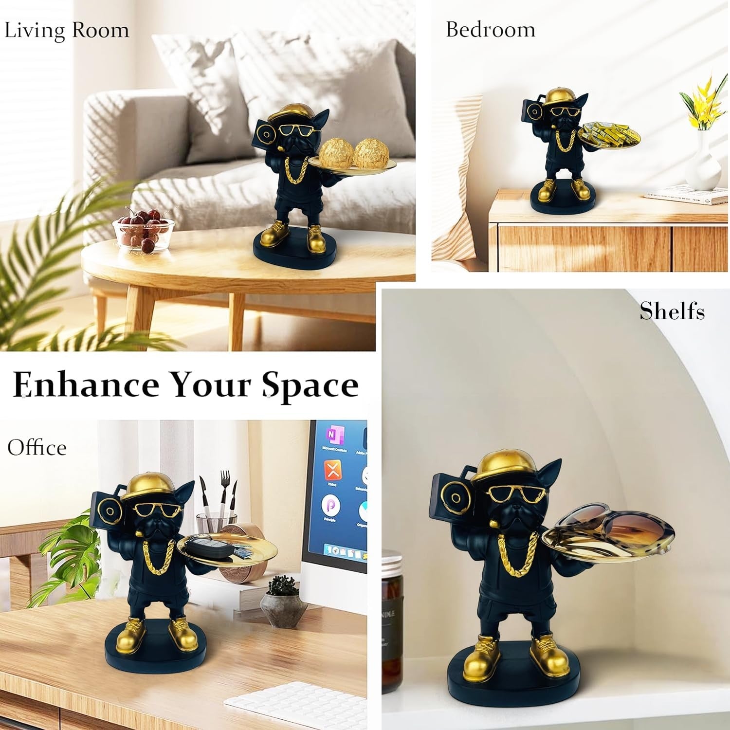 GoHooked black polyresin rapper bulldog statue with gold accents holding a tray for keys and accessories.
