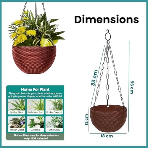 GoHooked round brown rattan woven plastic hanging planter with chain, 7.1" diameter. Includes dimensions and plant examples.