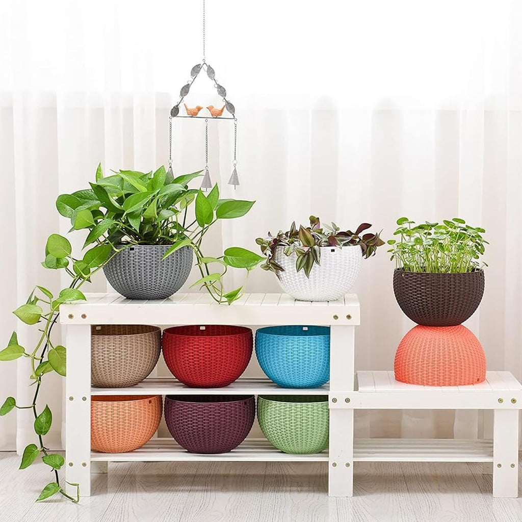 GoHooked round rattan woven plastic hanging planters in assorted colors, 7.1" diameter, pack of 3.