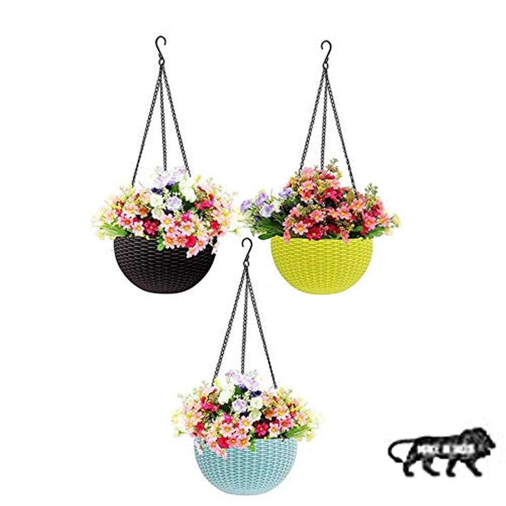 GoHooked set of 3 round rattan woven plastic hanging planters in black, lime green, and light blue, filled with colorful flowers.