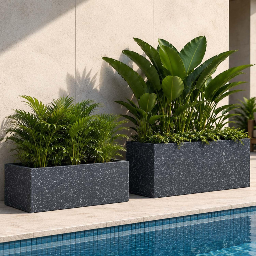 GoHooked rectangular black polymer planter combo with textured finish, placed by a pool with lush green plants.