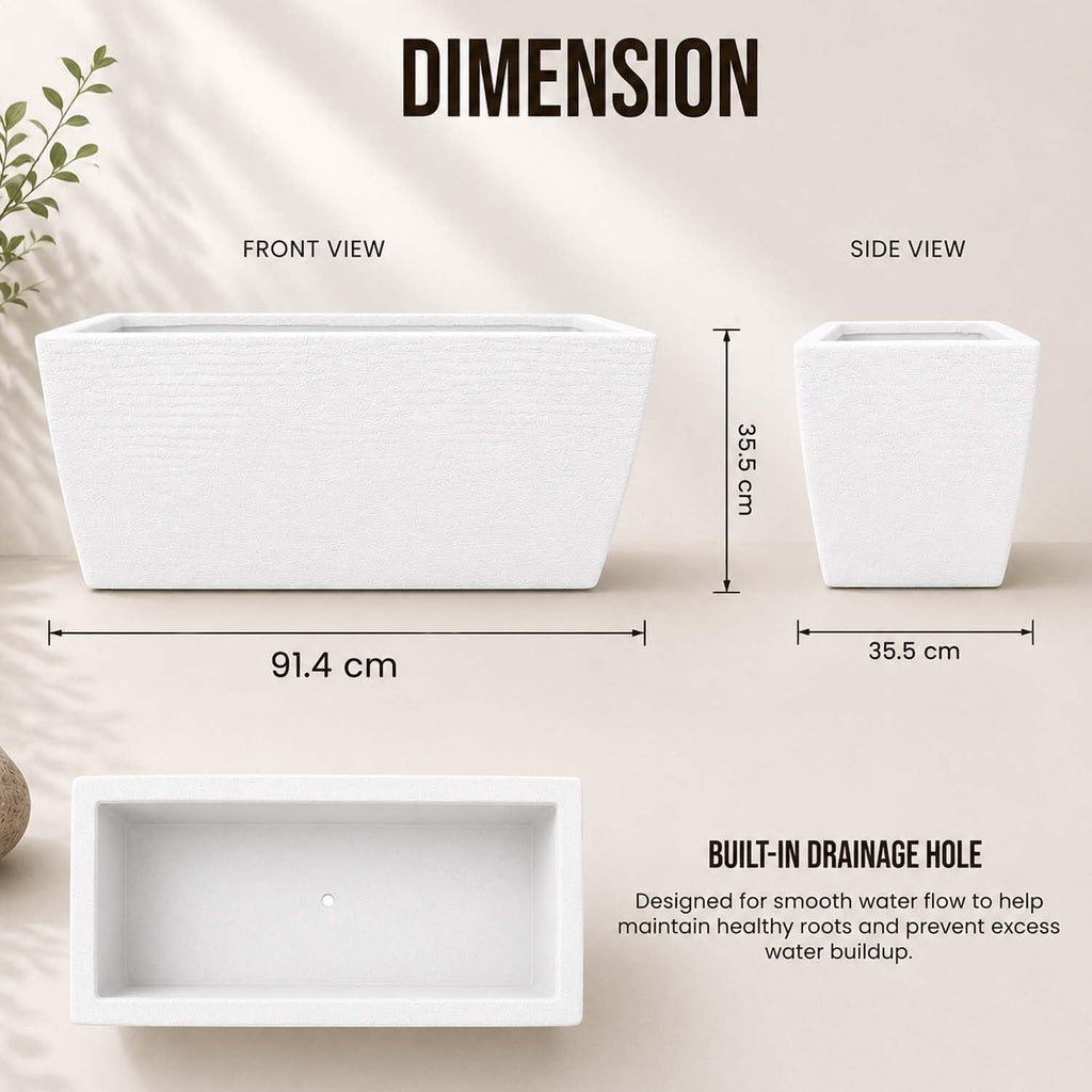 GoHooked rectangular marble white polymer planter pot, 36 inches long with ribbed texture and drainage hole.